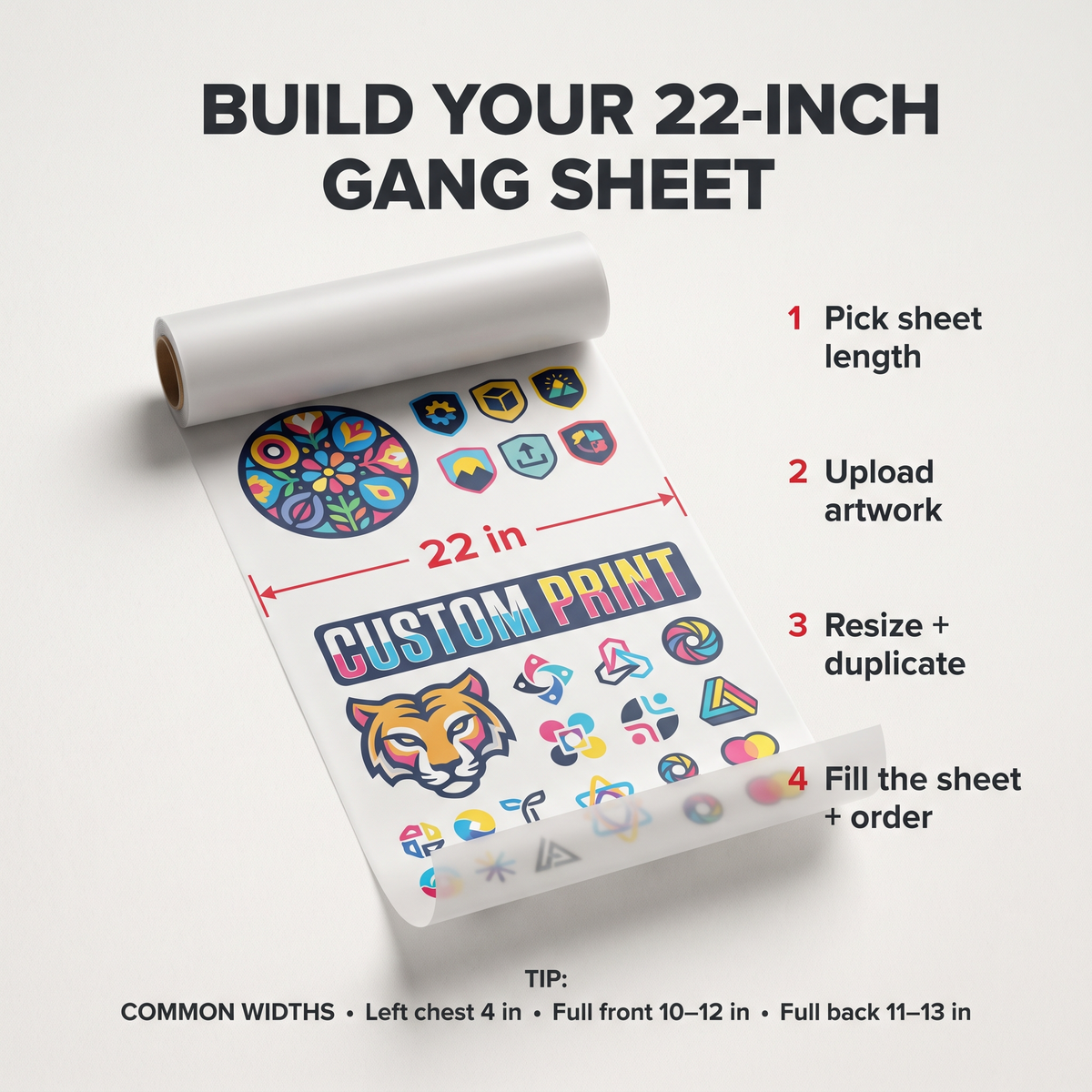 How to build a 22 inch DTF gang sheet with common transfer sizes