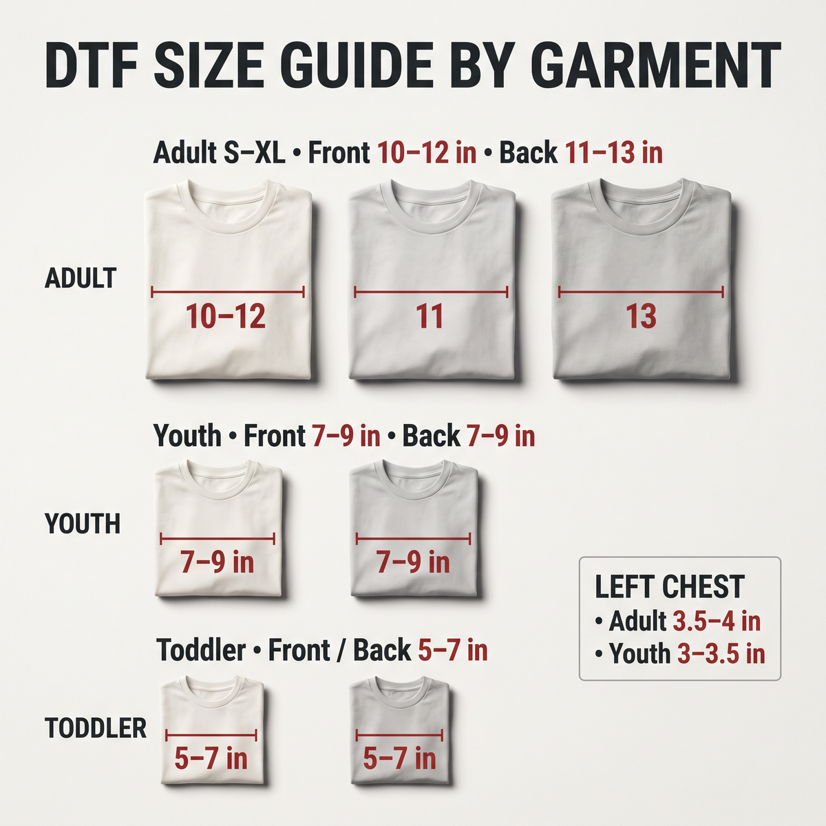 DTF transfer size guide for adult youth and toddler shirts
