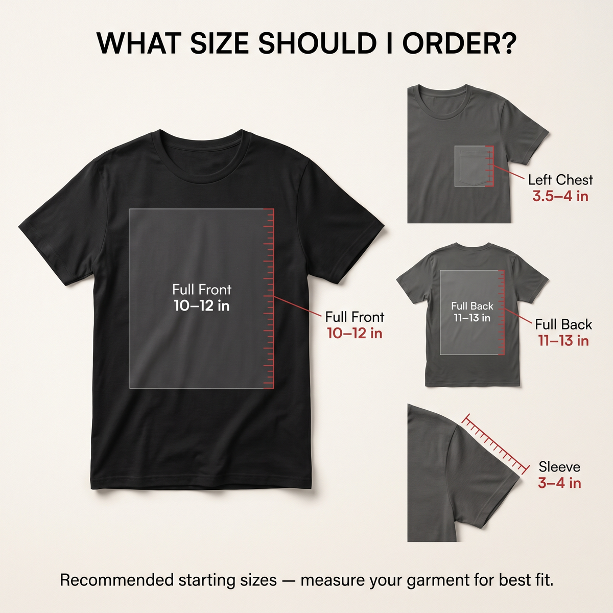 DTF transfer size guide showing recommended left chest full front full back and sleeve sizes