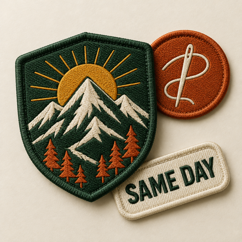 Original forest green mountain shield, orange sewing emblem and Same Day embroidered patches