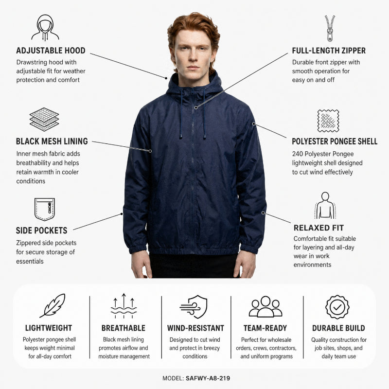 SAFWY-A8-219 Windbreaker Jacket With Hood and Mesh Lining